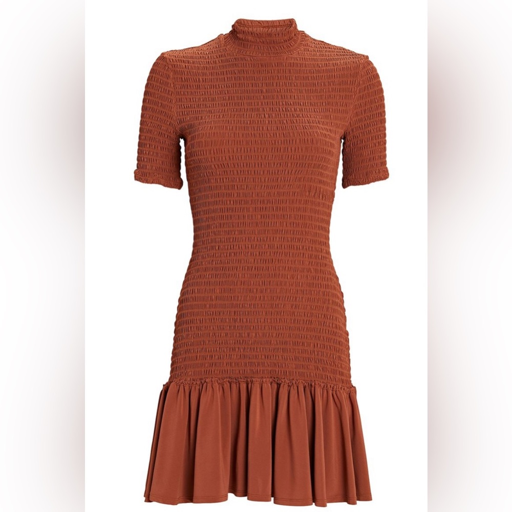NEW A.L.C. Aston Smocked Bodycon Aesthetic Stretch Fit Mini Dress Deep Amber NWT